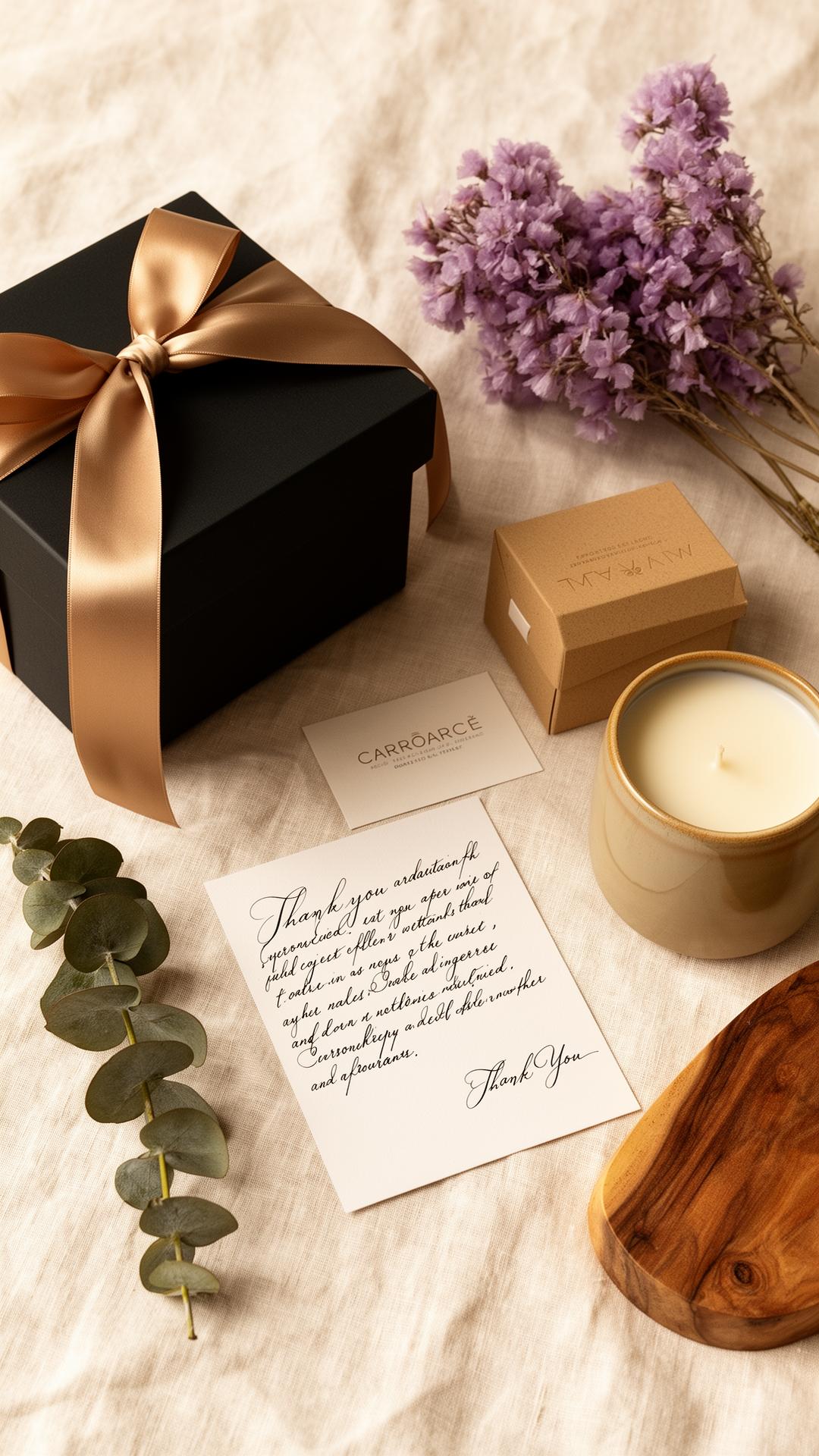 Editorial flatlay of a matte black corporate gift box with champagne ribbon, handwritten thank-you card, branded insert, ceramic candle, and dried florals on warm cream linen